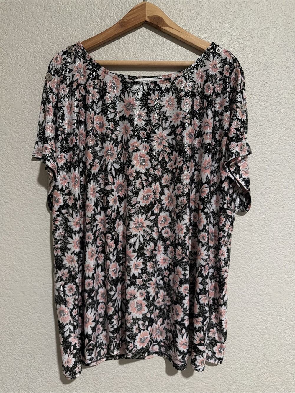 NEW Emily Daniels Blouse Top 3X Jersey Floral Sparkle Stretch Sunday Career